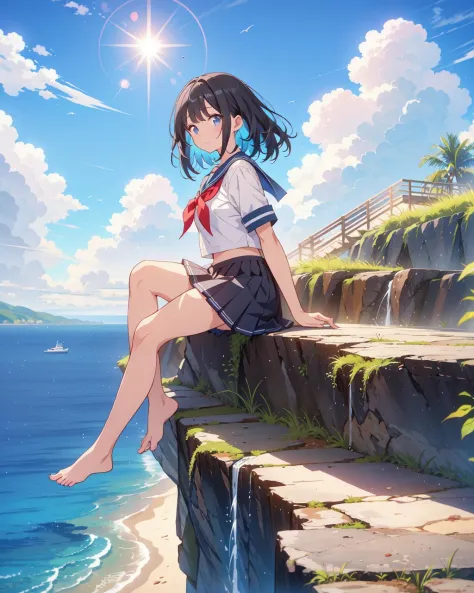 (Highest quality, Masterpiece: 1.2), (Solo), Anime coloring book, 4K quality, (((Girl))), Black hair, Sailor uniform, Bare feet,...