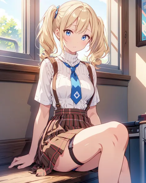 skindentation, hallway, sitting on window sill, loose blue tie, 1 girl, blonde hair, medium breasts, (short twin tail hair:1.2)
(white tight turtleneck, brown plaid suspender skirt:1.2), blue eyes, bored, posing
school