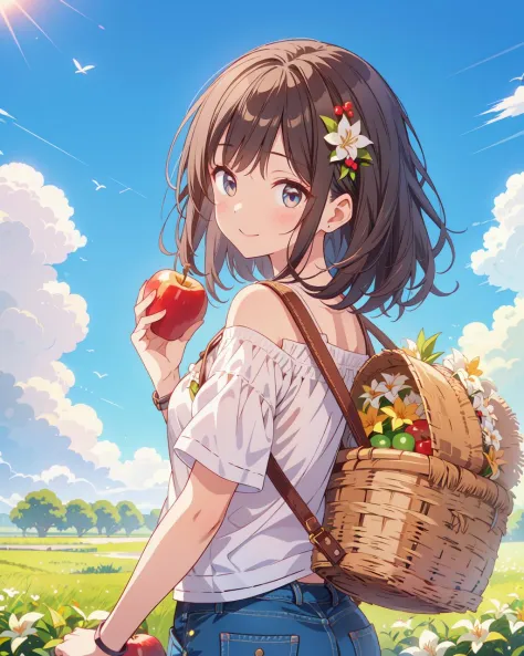 a cute girl holding a basket of fruit in one hand an apple in the other, farm, lillies, blue sky, looking over her shoulder, fro...