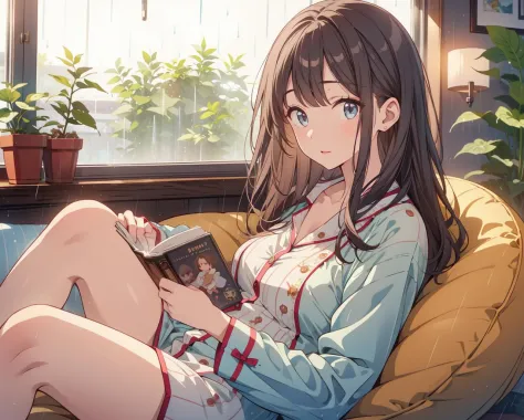 ((rainy day)), (water on window), cozy apartment with plants, a woman reading a book, cozy bean bag chair, pajamas, detailed fac...
