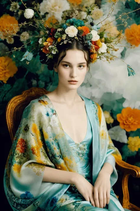 a woman in a blue dress sitting in a chair with flowers on her head