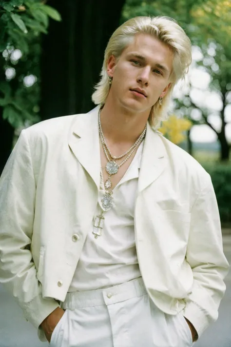 man, blond, 90's, retro, sunny daylight, natural light, white jacket, jewelry, rich house setting, (oldmoney aesthetic:1.1), fashion editorial, film grain, cinematic shot, 1990s magazine
80mm f/11 on kodak ektachrome e100, soft focus, film grain, muted colors