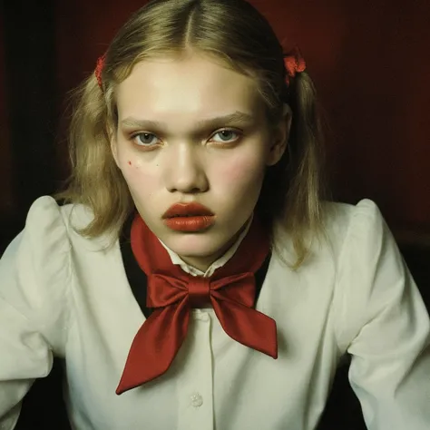 blond woman with red bow tie and white shirt looking at camera