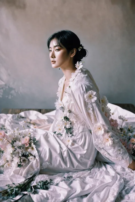 a woman in a white dress sitting on a bed with flowers