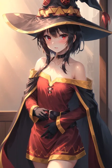 masterpiece, best quality, megumin, 1girl, bare shoulders, black cape, black gloves, black hair, blush, cape, choker, collarbone, dress, hair between eyes, hat, long sleeves, looking at viewer, medium hair, off-shoulder dress, off shoulder, red dress, red eyes, sidelocks, solo, witch hat, indoors, <lora:phoenix_offset:0.8>