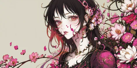 anime girl with flowers in her hair and a pink dress