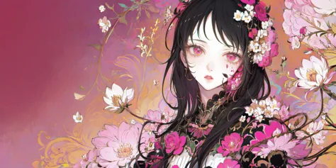 anime girl with flowers in her hair and a pink background