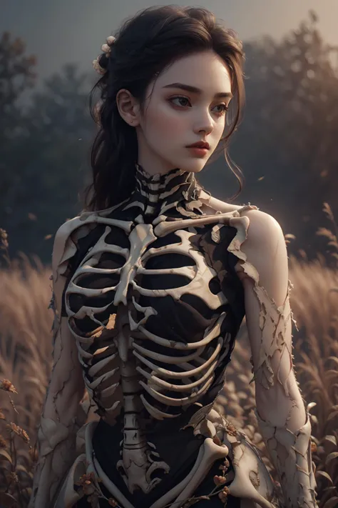 a woman with a skeleton body standing in a field of tall grass