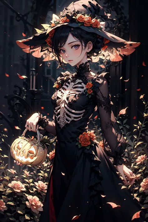 halloween costume,jack-o'-lantern,human,a girl,WITCH HAT,black hat,night,best quality,masterpiece,realistic,best quality,masterpiece,HDR,UHD,8K,best quality,highres,realistic,photo_(medium),official_style,real,<lora:WanGu3:0.6>,skeleton,a girl is wearing a pink dress,jack-o'-lantern,