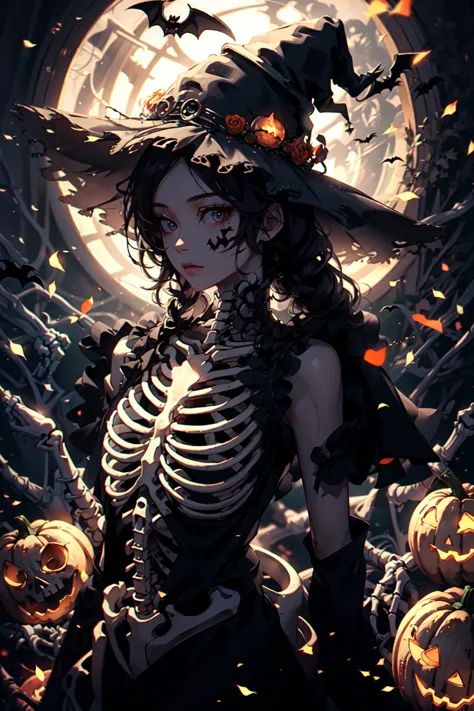 halloween costume,jack-o'-lantern,human,a girl,WITCH HAT,black hat,night,best quality,masterpiece,realistic,best quality,masterpiece,HDR,UHD,8K,best quality,highres,realistic,photo_(medium),official_style,real,<lora:WanGu3:0.6>,skeleton,