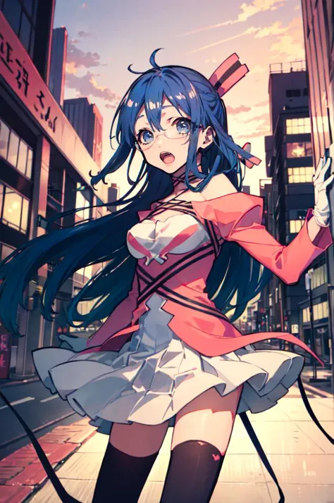 solo, <lora:Midori:0.9> midoridesu, blue eyes, blue hair, long hair, glasses, hair ribbon, ribbon, pink dress, black thighhighs, gloves, surprised, open mouth,  <lora:mochizuki_kei_style_v01:1>, tokyo, cityscape, skyline,, absurdres, ultra detailed, masterpiece, best quality, aesthetic, detailed,