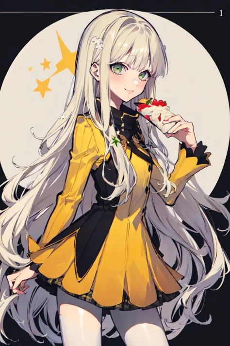 smile, holding food, lots of food, <lora:zs_Rei:1> reipq, green eyes, blonde hair, very long hair, hair ornament, yellow uniform, grey skirt, white pantyhose, cowboy shot,   <lora:mochizuki_kei_style_v01:1>, absurdres, ultra detailed, masterpiece, best quality, aesthetic, detailed,