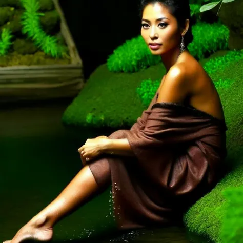 gorgeous mature Japanese-African  woman sitting next to a stream in a lush moss garden,  
beautiful face, large beautiful eyes, ...
