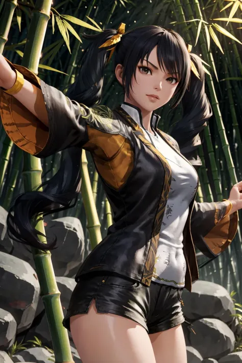 masterpiece, best quality, twintails, fighting stance, bamboo forest, shorts, <lora:lingxiaoyu-000018:0.7>