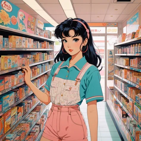 Dans le style vintage des années 90, dessin animé d&#39;un mannequin à l&#39;intérieur d&#39;un dépanneur, art détaillé, Art de ligne fine anime vintage des années 90