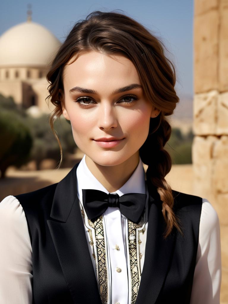 A close up of a woman wearing a black vest and bow tie - SeaArt AI