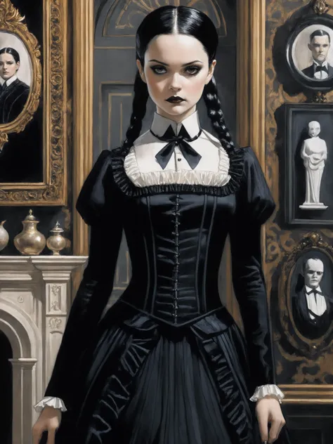 de cerca, miércoles addams, luis royo (((caricatura de adam hughes))) , Paseando por su opulento y macabro vestíbulo, modestos adornos de porcelana, ((Pose de poder tímida e inquisitiva)),  cara detallada, vestido fúnebre victoriano negro muy largo, (((Oscuridad ambiental)))