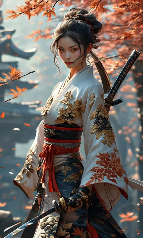 a woman in a kimono outfit holding a sword in front of a tree