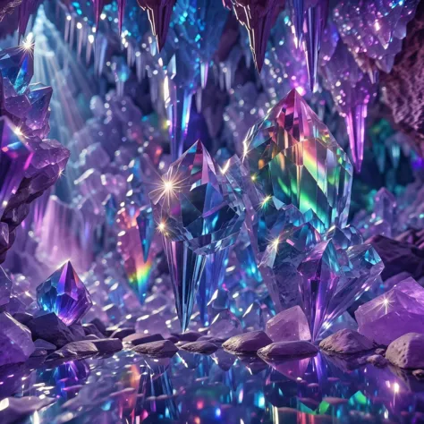 crystal cavern with rainbow reflections, best quality, HD, ~*~aesthetic~*~