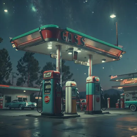 retro gas station, best quality, HD, ~*~aesthetic~*~