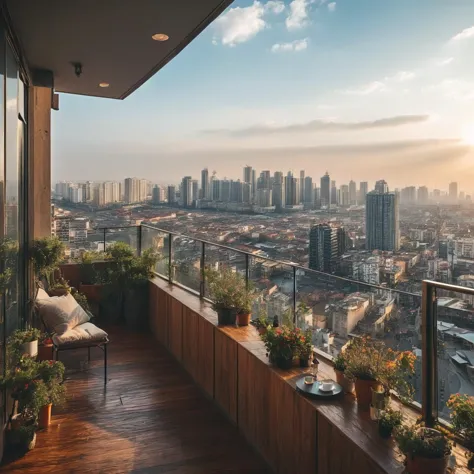 a view of a city from a balcony with a bench and potted plants