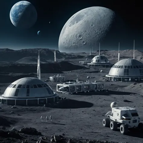 cinematic film still lunar outpost with earthrise in the background and futuristic structures, best quality, HD, ~*~aesthetic~*~...
