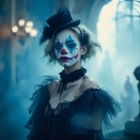 A place with a morbid look that resembles a funeral, (foggy:1.2), silhouetted in soft shadow (full body photograph:1.2) (Dark Pastel Blue clown outfit:1.3) (beautiful supermodel:1.1) looking over her shoulder detailed background bokeh