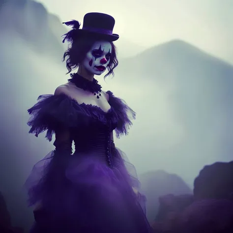 A place with a morbid look that resembles a funeral, (foggy:1.2), silhouetted in soft shadow (full body photograph:1.2) (Purple Mountain Majesty clown outfit:1.3) (beautiful supermodel:1.1) hands behind her back detailed background bokeh