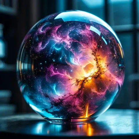 a galaxy inside a glass sphere, x-ray style, reflection, High detailed RAW Photo, 8k,    x-ray style