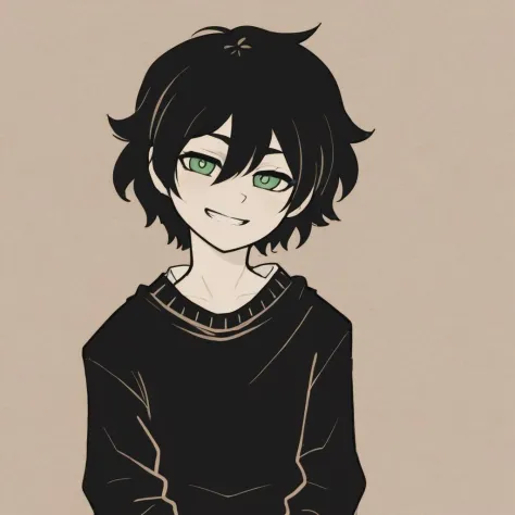 masterpiece, best quality, hires, high resolution, Andrew Graves , TCOAAL, white outline, bold outline, dark background, green eyes, black hair, 1boy, solo, monochrome:0.1, (black sweater:0.5), brown paper, smile, long sleeves,, <lora:coffin_xdsl_x80_v0.3:1>