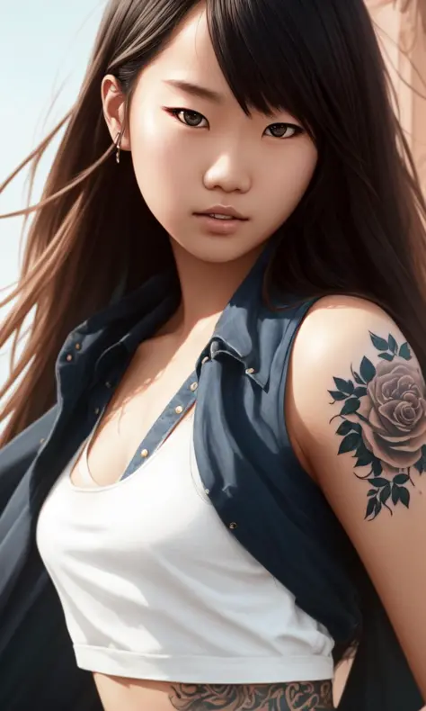 mdjrny-v4 style, a young asian girl with full body tattoo, a highly detailed face, by Greg Rutkowski and Magali Villeneuve, beautiful eyes, cinematic lighting, Hyperrealism, full body shot