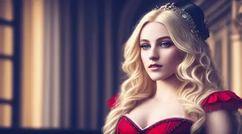 tiktok girl, close up (standing:1.22) blonde hair , long-hair , victorian era , red (dancer) , inside (operahouse, theater) , je...