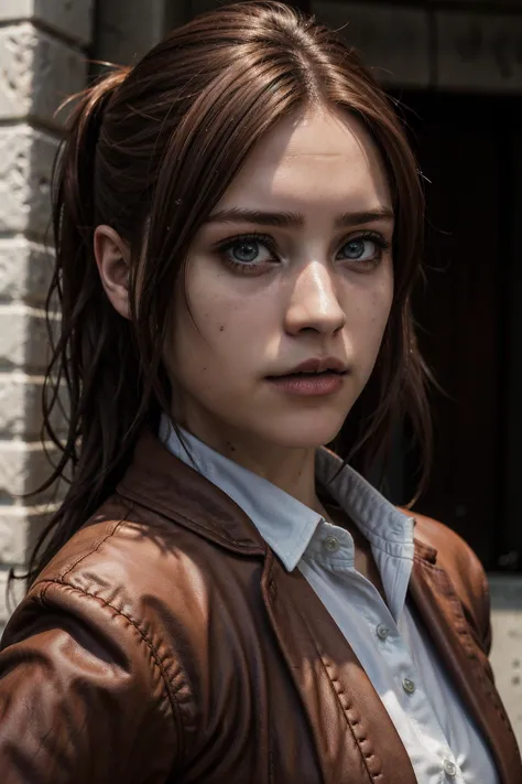 a close up of a woman with long hair wearing a brown jacket