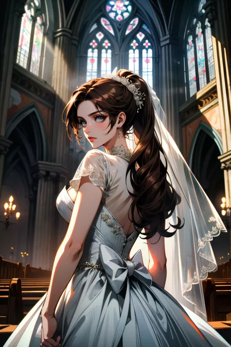 a woman in a wedding dress standing in a church