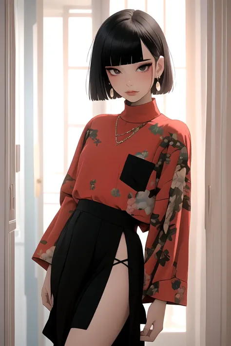 masterpiece, best quality, 32k, insane details, intricate details,
1girl, fashion photography, in style of angura keihime - cut, straight hairin a minimalist Misasakan roomhigh-wistskirtcllaredshirt(short hair:1.4)stripedblunt bangs(Mole under eye:1.0),hand in pocketflowerearrings,
