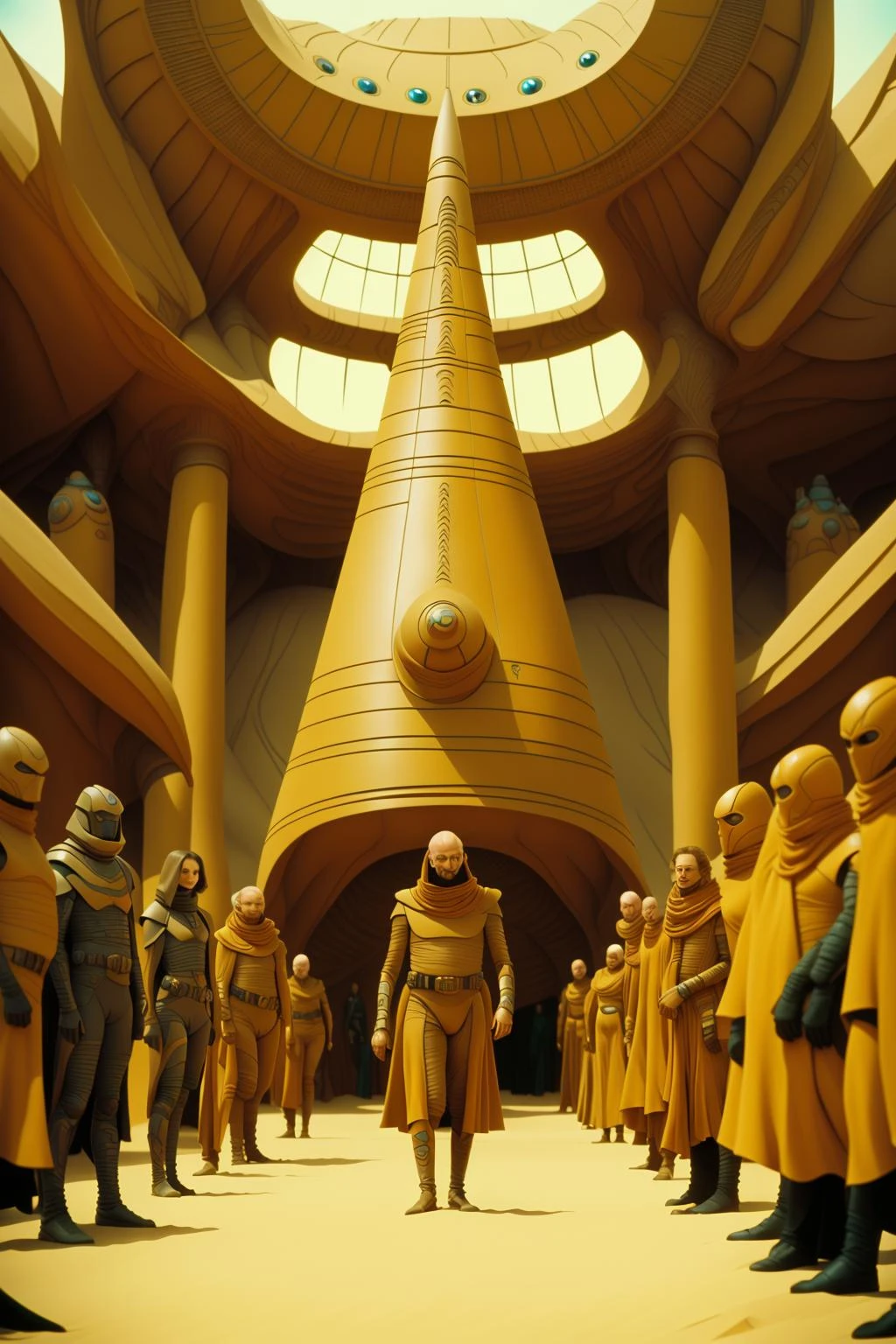a character from dune movie, a man in a yellow suit standing in a room with a giant red cone , 1boy, standing, male focus, military, mask, what, surreal , sci fi, a large group of people walking down a street