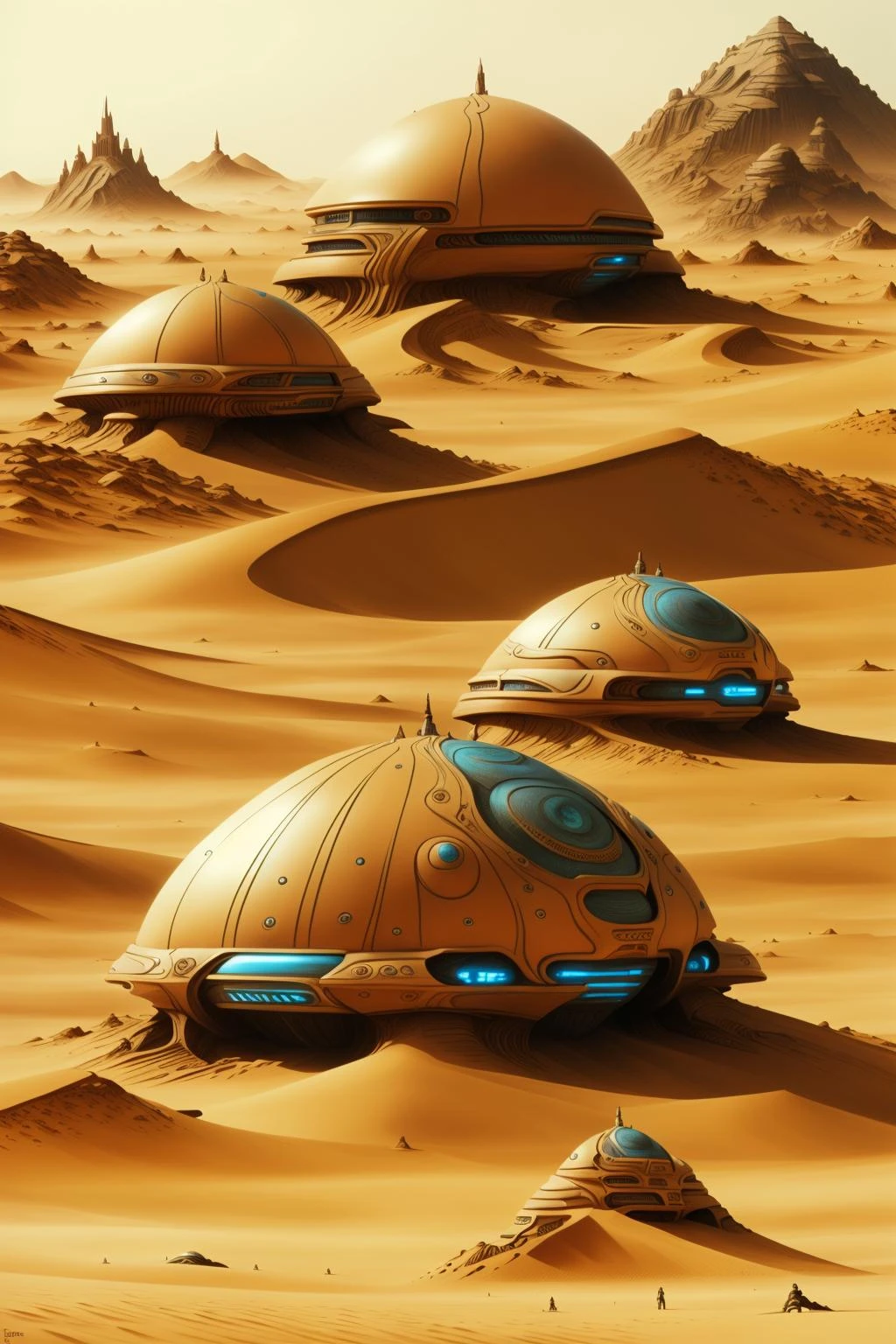沙丘电影中的角色, a futuristic city in the 沙漠 with a giant dome , 户外, 多个男孩, 风景, 山, 沙, 宇宙飞船, 沙漠 , 科幻, 田野中间的几块石头