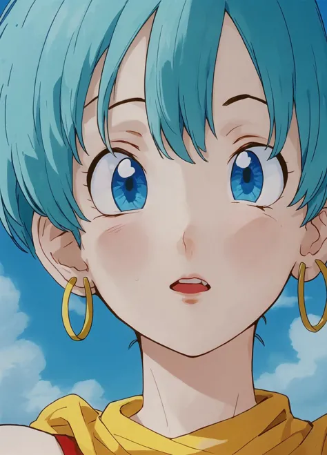 masterpiece, best quality, highest quality, (perfect illumination), (photorealistic), perfect anatomy, perfect face, perfect eyes, 
 <lora:bulmadbzreddress_ex_04_galena3ep:0.9> bulmadbzreddress, aqua hair, short hair,  blue eyes, earrings, red dress, yellow scarf,  blue sky, clouds