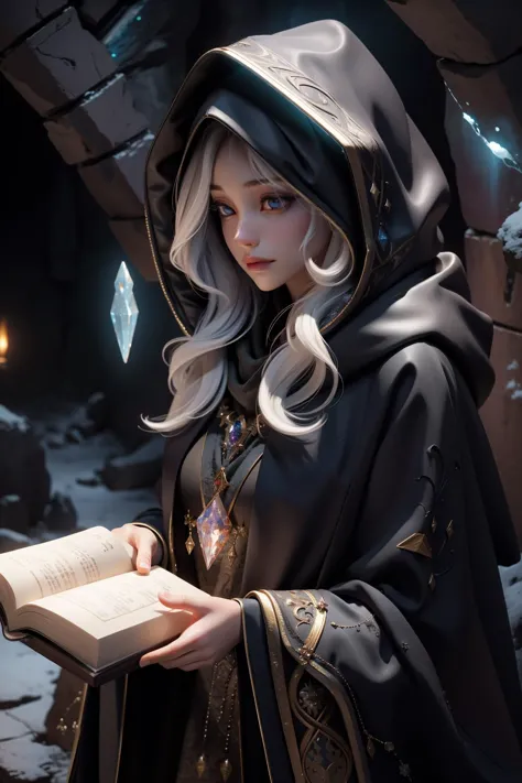 ((Best quality)), ((masterpiece)), ((realistic)), ((beautiful female wizard)), dimly lit cave, glowing crystals, hooded cloak, ancient runes, powerful spell book, deep shadows, on eye level, scenic, masterpiece.