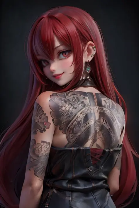 1girl,solo,slit pupils,Vertical pupil,(seductive smile:1.1),(Red hair:1.3),monochrome,long hair,clean face,from behind,looking back,looking at viewer,upper body,arm tattoo,back,piercing,lips,jewelry,earrings,<lora:badbroirezumi3:0.8>,