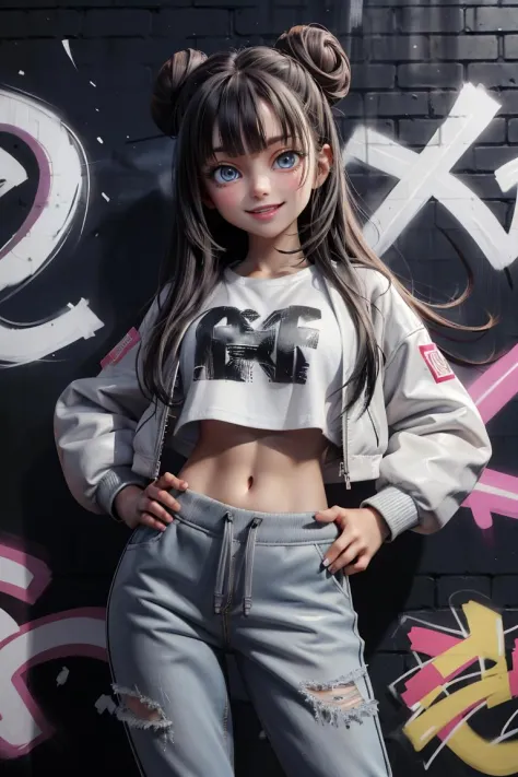 (absurdres,official art,unity 8k wallpaper,ultra detailed,High quality,best quality),1lady,(crop top),long hair with buns,blue eyes,graphic white t-shirt,oversized jogger pants,leather jacket,lean against the graffiti wall,backstreet,graffiti on the wall,hiphop,smiling,perfect symmetrical face,