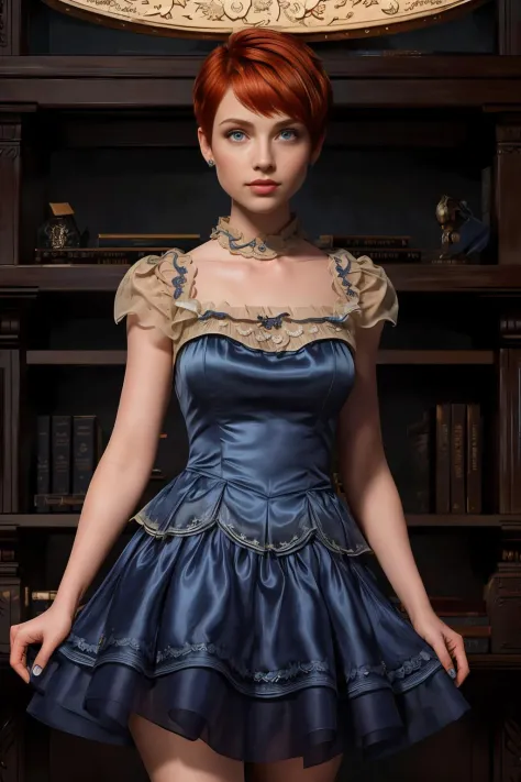 masterpiece, highly detailed 8k, best quality, volumetric lighting, volumetric lighting, intricate
1girl in voldress, red pixie cut , Isometric, Malibu Blue eyes, okobo
library background