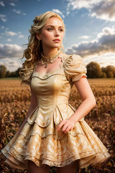 masterpiece, highly detailed 8k, best quality, volumetric lighting, volumetric lighting, intricate
1girl in voldress, light blonde french twist , Close Up, Brick Red eyes, boots
corn maze background