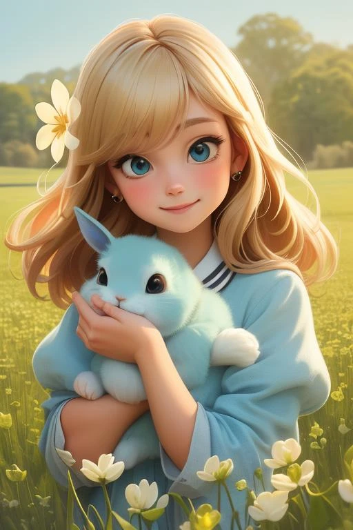(masterpiece), (best quality), (extremely detailed), (1 girl), (pretty cute girl), smile, blond hair, aqua eyes, slender, extremely detailed eyes, alice the wonderland, bluewish, hugging rabbit, in the clover meadow, upper body, original, extremely detailed wallpaper, (parfect detail features), 16k,