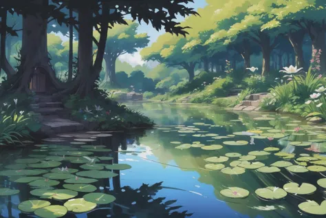 digital painting, whimsical anime movie background, a pond in the woods with lily pads<lora:envystarlightidyllicanime01:1>