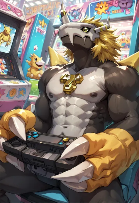 a cartoon picture of a man with a large arm holding a game controller