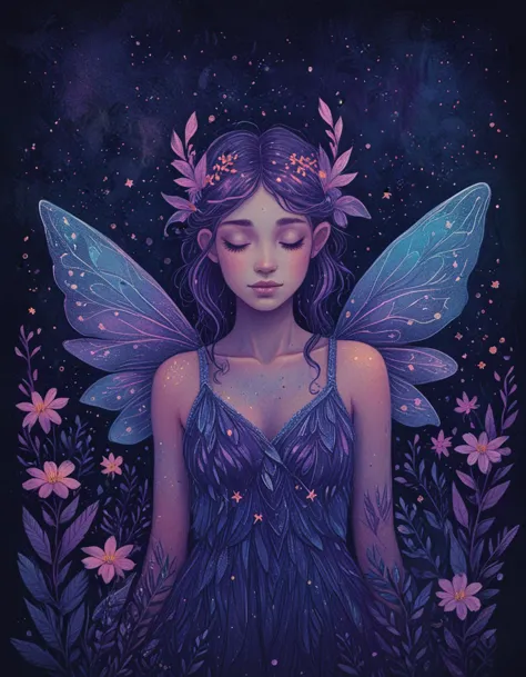 a painting of a woman with a purple dress and a blue fairy wings