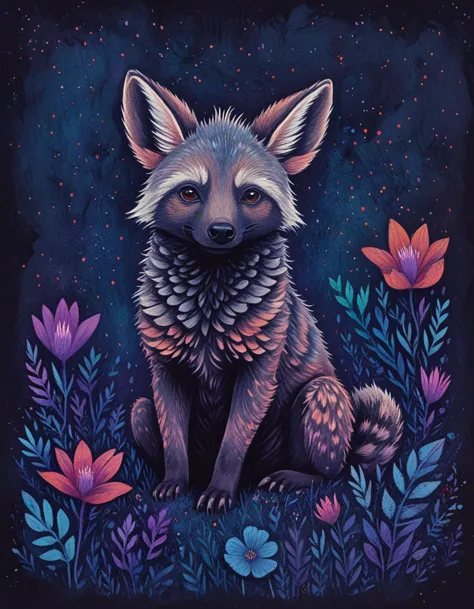 a painting of a fox sitting in the grass with flowers