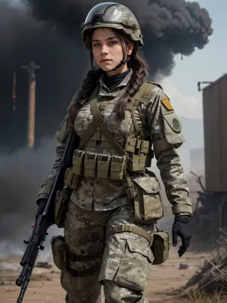 A female medical soldier,clad in camouflage attire and helmet,stands on the war-torn frontline. Her determined expression and un...