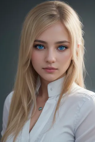 a hyper realistic ultra detailed photograph oF a beautiFul blonde Female model wearing business suit, Ambiance sombre, projecteur, detailed symmetric beautiFul hazel blue eyes, detailed gorgeous Face, détail exquis, 4k, Reflex numérique Canon EOS 5D Mark IV, objectif 85 mm, sharp Focus, complexe et détaillé, Temps d&#39;exposition long, F/8, ISO 100, vitesse d&#39;obturation 1/125, photographie primée, Facing camera, regarder la caméra, monovisions, perFect contrast, Haute netteté, Facial symmetry, depth oF Field, photographie ultra détaillée, lancer de rayons, Illumination globale, TanvirTamim, lisse, ultra high deFinition, 8k, moteur irréel 5, ultra sharp Focus, photographie primée, tendance sur artstation, (fond de couleur unie blanche:1) 